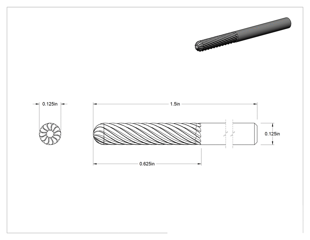 Teknik Çizim - Yüksek Hızlı Çelik Frez, 1/8" Çapında Şaftlı, Yuvarlak Silindir, 1/8" Baş Çapı