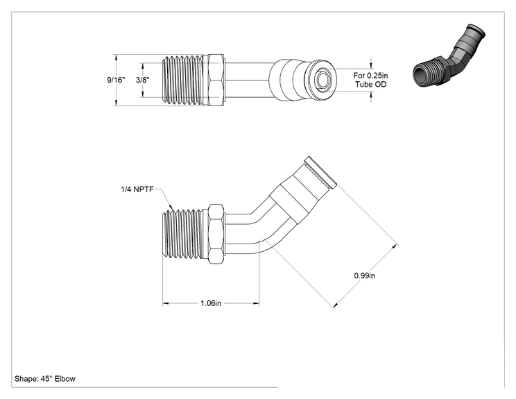 Teknik Çizim - Düşük Sıcaklık D.O.T. Bas-Bağla Boru Bağlantı Elemanı, Hava için, 45 Derece, Döner, 1/4" Boru Dış Çapı için, 1/4 NPTF Erkek