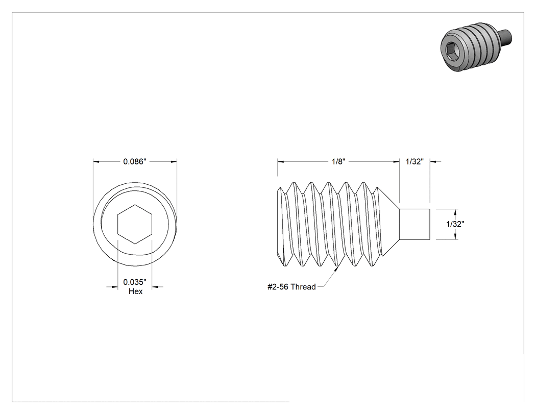 Teknik Çizim - Siyah Oksit Alaşımlı Çelik Pirinç Uçlu Setskur, 2-56 Diş, 1/8" Uzunluk