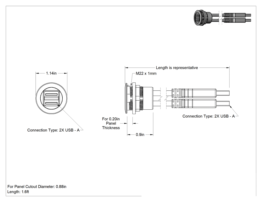 Teknik Çizim - Panele Monte USB Kablosu, USB 2.0, 2 Amper Fiş, 2 Amper Dişli Soket, 1.5' Uzunluk, Gümüş