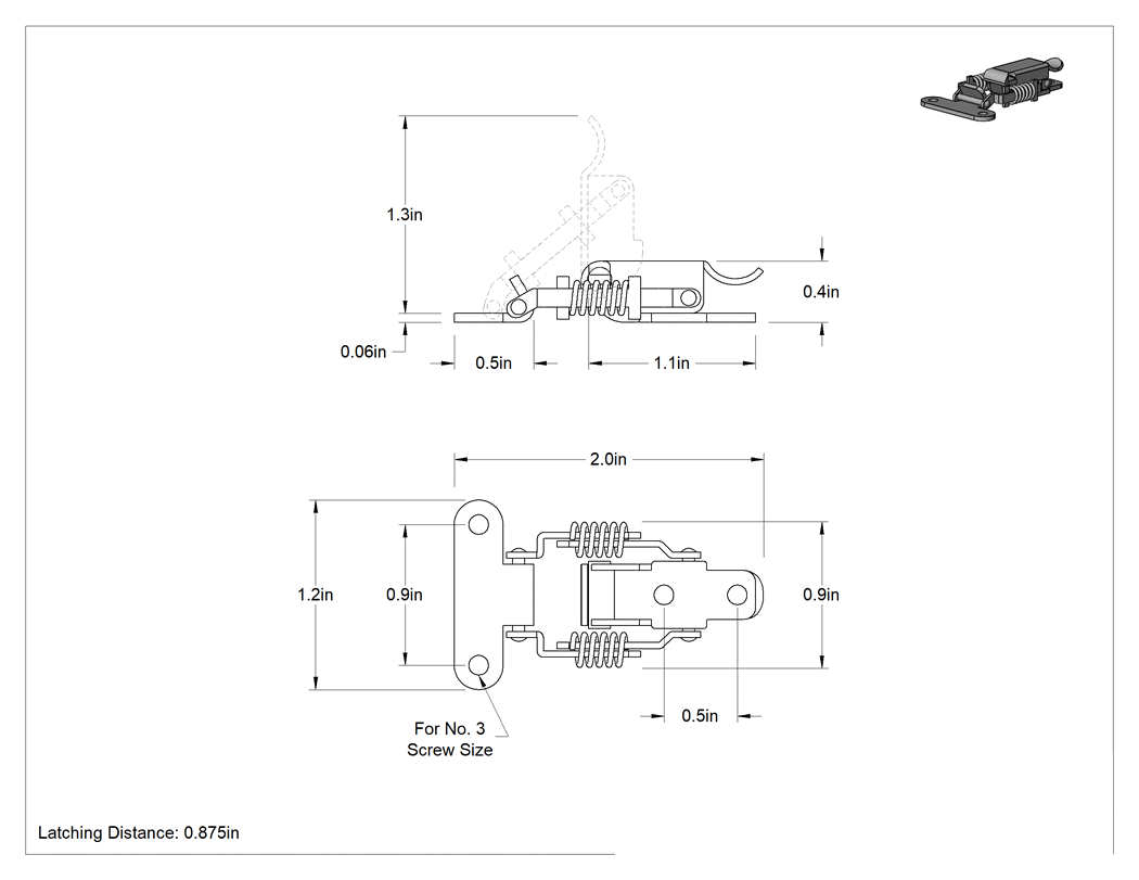 Teknik Çizim - Sıkı Tutuşlu Çekme Mandalı, Vida ile Sabitleme, 304 Paslanmaz Çelik, 2" Uzunluk x 1-1/4" Genişlik