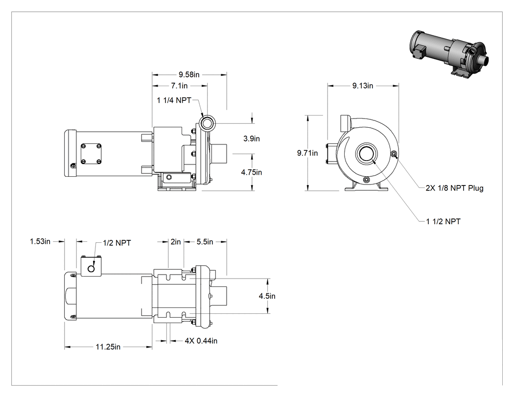 Teknik Çizim - Sıcak Yağ için Sirkülasyon Pompası, 240/460V AC, 2 hp