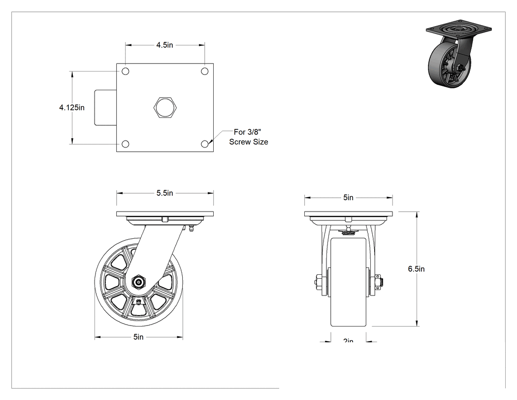 Teknik Çizim - 5-1/2" x 5" Plakalı Yüksek Kapasiteli Spartan Tekerlek, Sızdırmaz Rulmanlı Döner Ayak ve 5" Çapında Demir Tekerlek