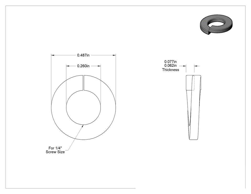 Teknik Çizim - K500 Nikel Yaylı Pul, 1/4" Vida Boyutu için, 0.26" İç Çap, 0.487" Dış Çap