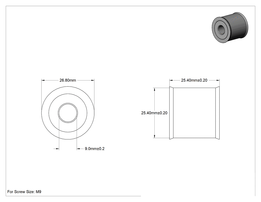 Teknik Çizim - 303 Paslanmaz Çelik Hijyenik Dişsiz Ara Parça, Nitril Kauçuk Conta, 25.4mm Dış Çap, 25 mm Uzunluk, M9 Vida Boyutu