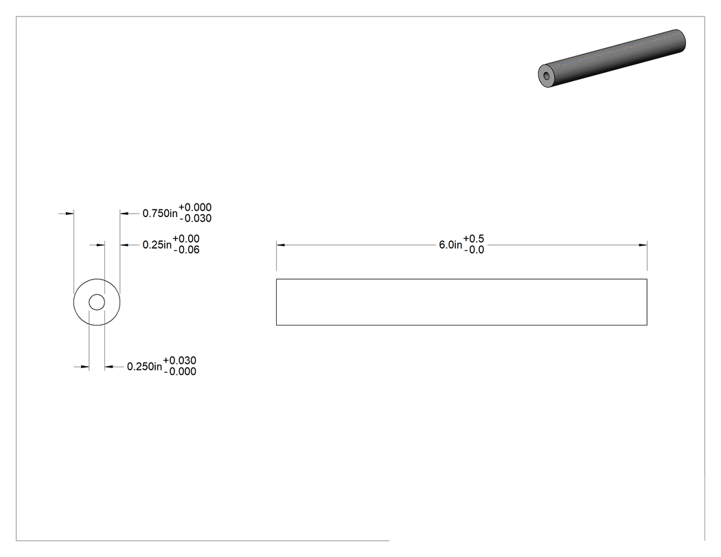 Teknik Çizim - Kaygan UHMW Polietilen Boru, Sıkı Tolerans, 3/4" Dış Çap, 1/4" İç Çap, 6 inç Uzunluk