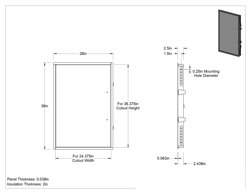 Teknik Çizim - 304 Paslanmaz Çelik Yangına Dayanıklı Erişim Paneli ve Çerçevesi, Tavan ve Duvar Montajı, 36-3/8" x 24-3/8" Kesik için