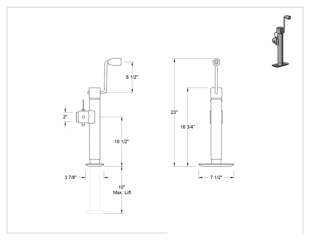Teknik Çizim - Seviyeleme Krikosu, Boru Plakası, Yan Tutamak, 5000 lb. Kapasite, 10-1/2" min. Yükseklik