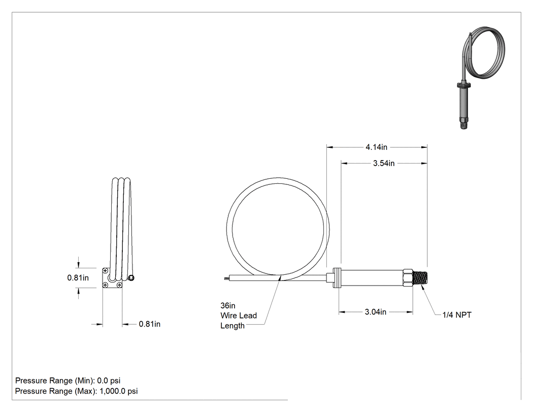 Teknik Çizim - Ayarlanabilir Aralık Basınç Transmitteri, 4 ila 20 mA Çıkış, %0.5 Doğruluk, 0 ila 1000 PSI