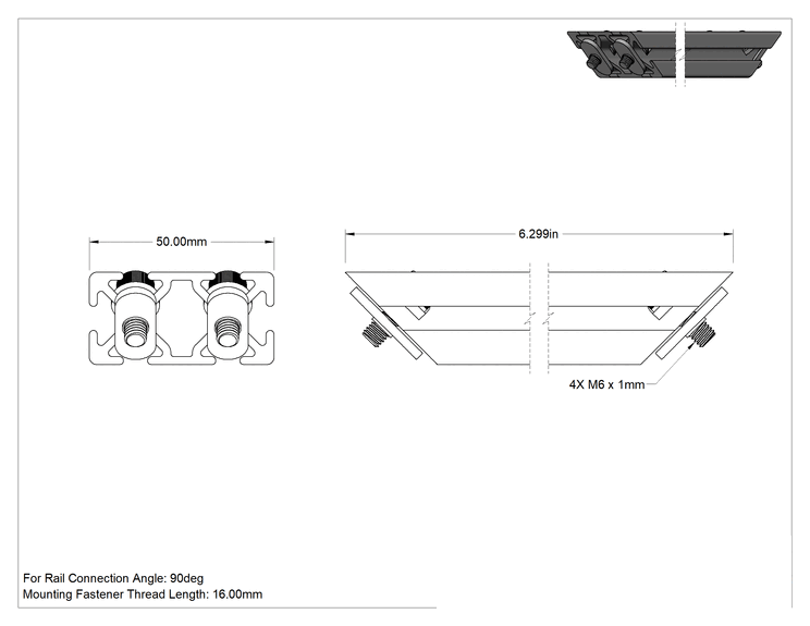 Teknik Çizim - T-Yivli Çerçeve Yapısal Braket, 50 mm Yüksekliğinde Çift/Dörtlü Ray için Diyagonal Destek, 6 inç Uzunluk