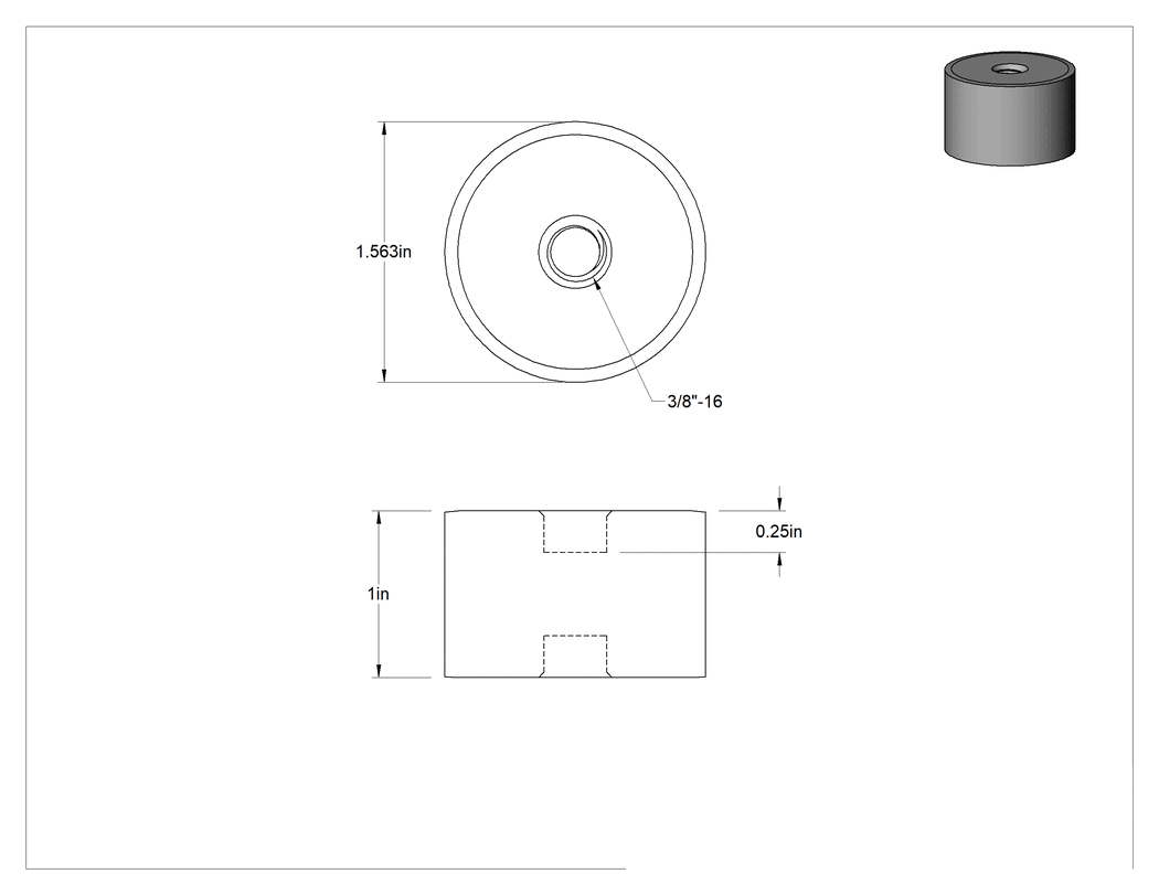 Teknik Çizim - Doğal Kauçuk Titreşim Sönümleyici Sandviç Montaj, 3/8"-16 Dişli 304 Paslanmaz Çelik Ek Parçalı, 125 lbs. Kapasite