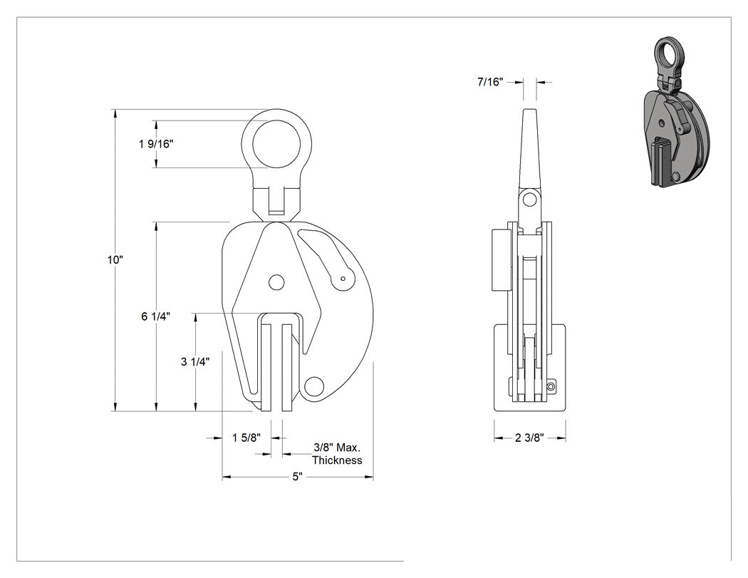Teknik Çizim - Çizilmez Dikey Kaldırma Plaka Kaldırma Kelepçesi, 180 Derece Çevrilebilir, Kilitli Otomatik Açma, 1100 lb. Kapasite