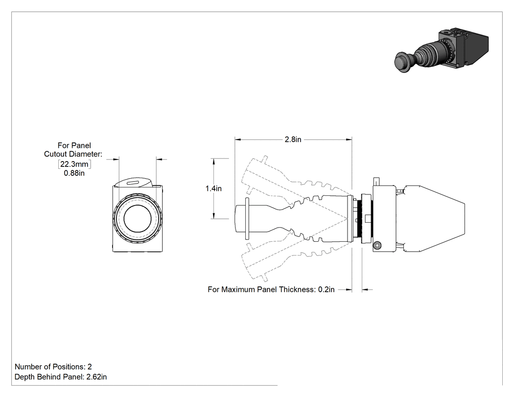 Teknik Çizim - Joystick Anahtarı, Kilitlenebilir Aktüatör, 2 Konum, Kalıcı Konumlu