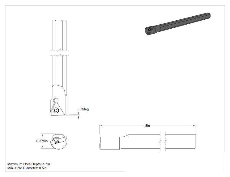Teknik Çizim - Delik Açma Karbür Uç Tutucu, Kod Stuc, Sol Yönlü, 3/8" Şaft Çapı, 3/32" Uç Kalınlığı