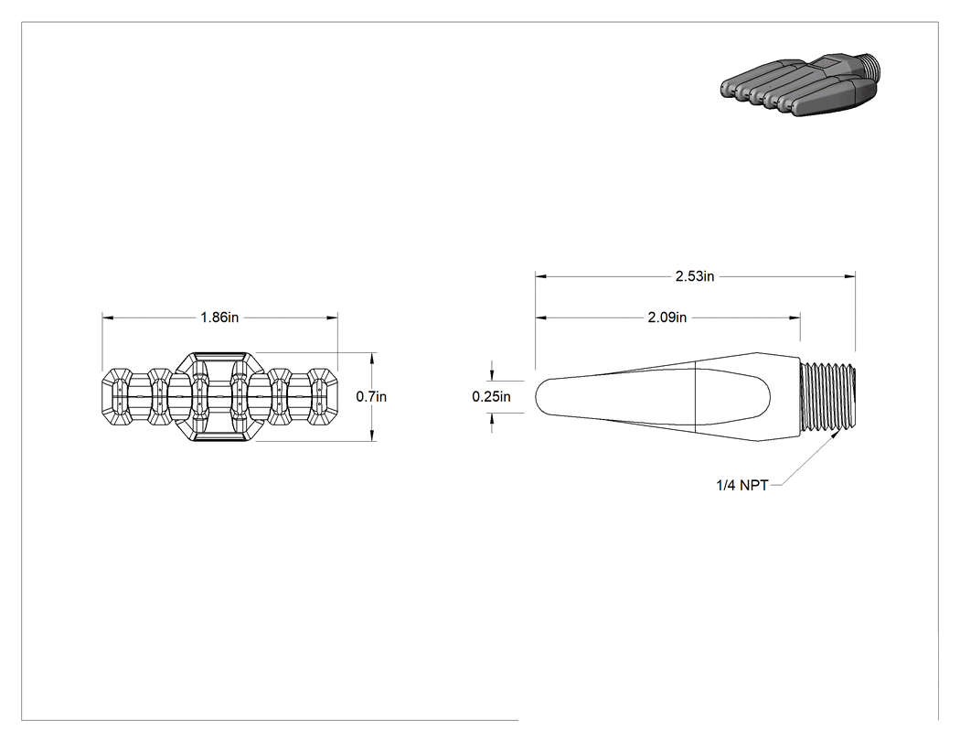 Teknik Çizim - Geniş Hava Akışlı Hava Nozulu, Naylon Plastik, 1/4 NPT Erkek Giriş, 24 CFM @ 100 PSI