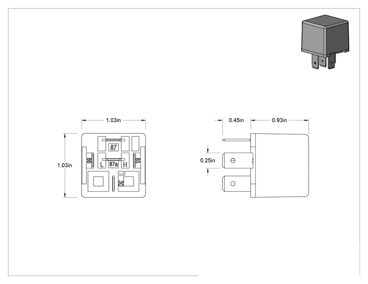 Teknik Çizim - Yüksek Başlangıç Akımı Araç Rölesi, Röle Soketi için, SPST-NO, 5 Terminal, 12 V DC Giriş