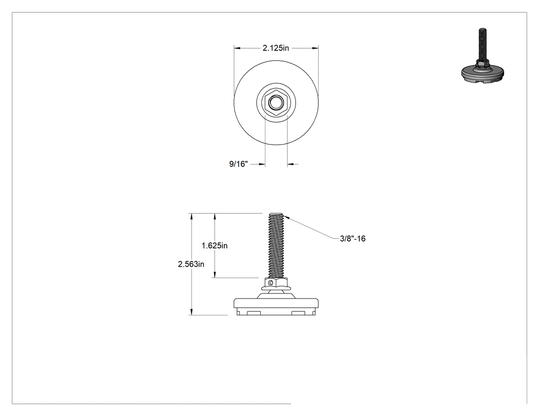 Teknik Çizim - Titreşim Sönümleyici Sert Seviyeleme Montaj Parçası, 3/8"-16 Dişli Saplamalı, 75 lbs. Kapasite