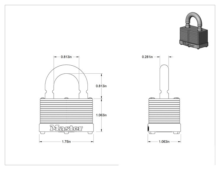 Teknik Çizim - Kırılabilir Şakelli Asma Kilitler, Lamine Çelik Gövdeli, Master Lock 500Kabrk, Anahtar #197