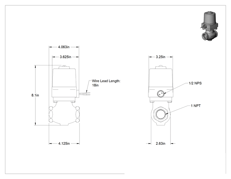 Teknik Çizim - Bronz Gövdeli Solenoid Açma/Kapama Vanası, Kriyojenik Sıvılar için, 120V AC, 1 NPT Dişi