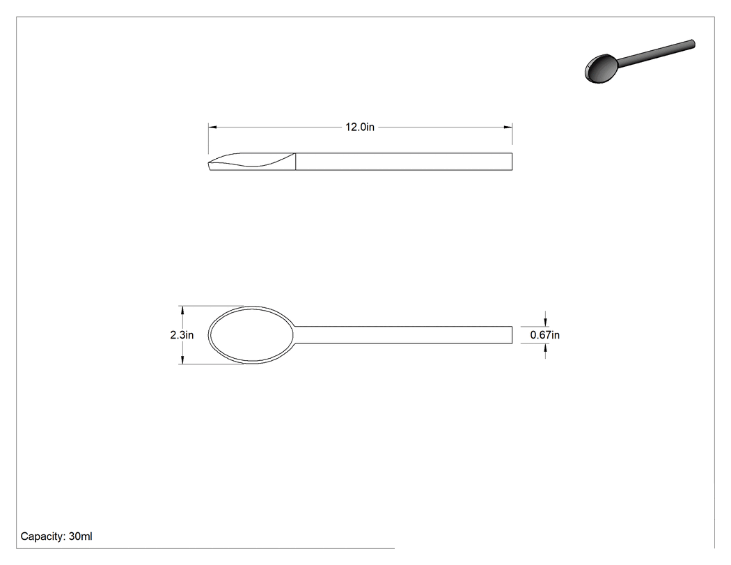 Teknik Çizim - Ahşap Kaşık, 12" Uzunluk