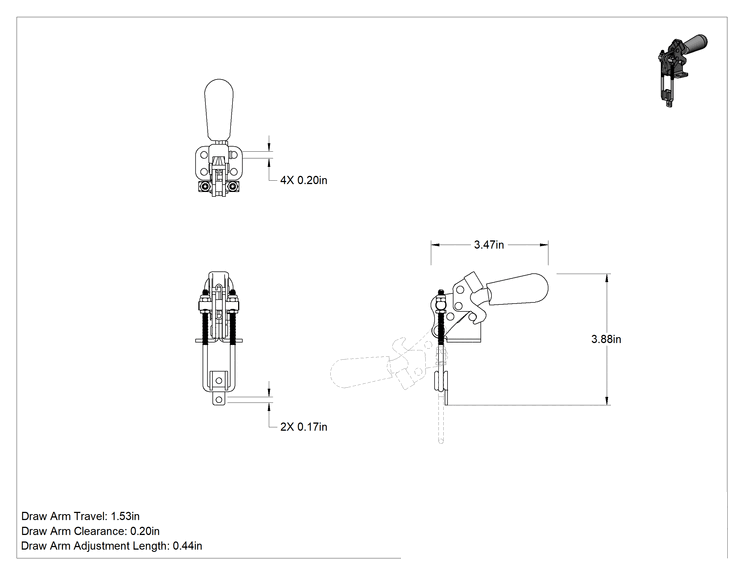 Teknik Çizim - Dik Açı Mandallı Mandal Kelepçe, Kilitlenebilir Tutamak, Paslanmaz Çelik, 500 lbs. Kapasite, 3-7/8" Toplam Yükseklik