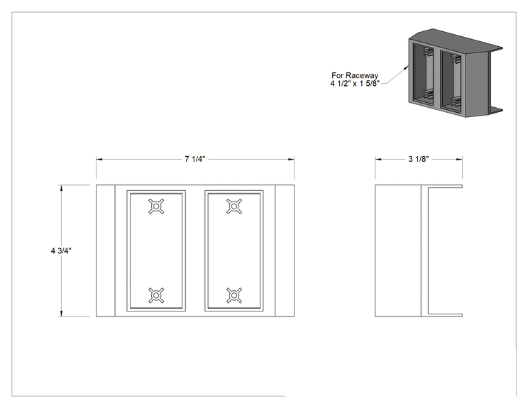 Teknik Çizim - 3 Kanallı Düşük Profilli Kablo Kanalı için İki Cihazlı Yükseltilmiş Priz Kutusu