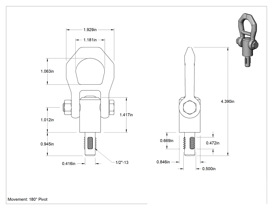 Teknik Çizim - Kaldırma için Hızlı Açılır Vinç Halkası, 180 Derece Pivot, 1/2"-13 Diş Boyutu