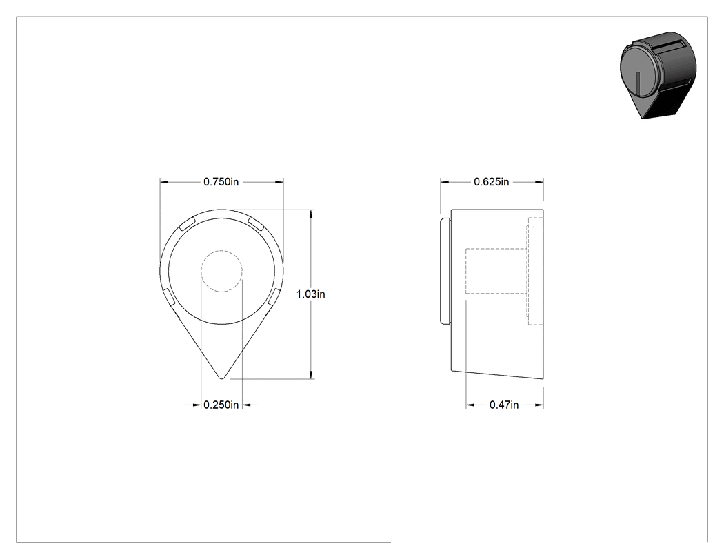 Teknik Çizim - Fenolik Gösterge Düğmesi, D-Şaftlar için, Tek Kol, 1-1/16" Genişlik x 5/8" Yükseklik Başlık