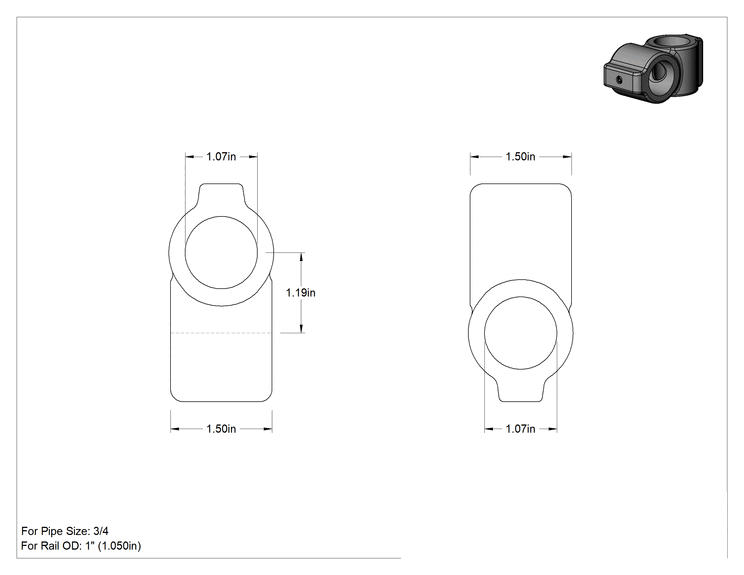 Teknik Çizim - Alüminyum Giydirme Bağlantı Parçası, 1" Ray Dış Çapı için İki Delikli Çapraz Bağlantı Elemanı, 1.5" Uzunluk