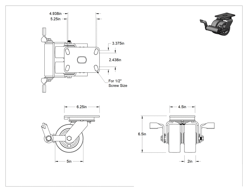 Teknik Çizim - Viking Tekerlek, Ekstra Yüksek Kapasiteli, Frenli Döner Tekerlek ve 5" Çaplı Fenolik Tekerlekler