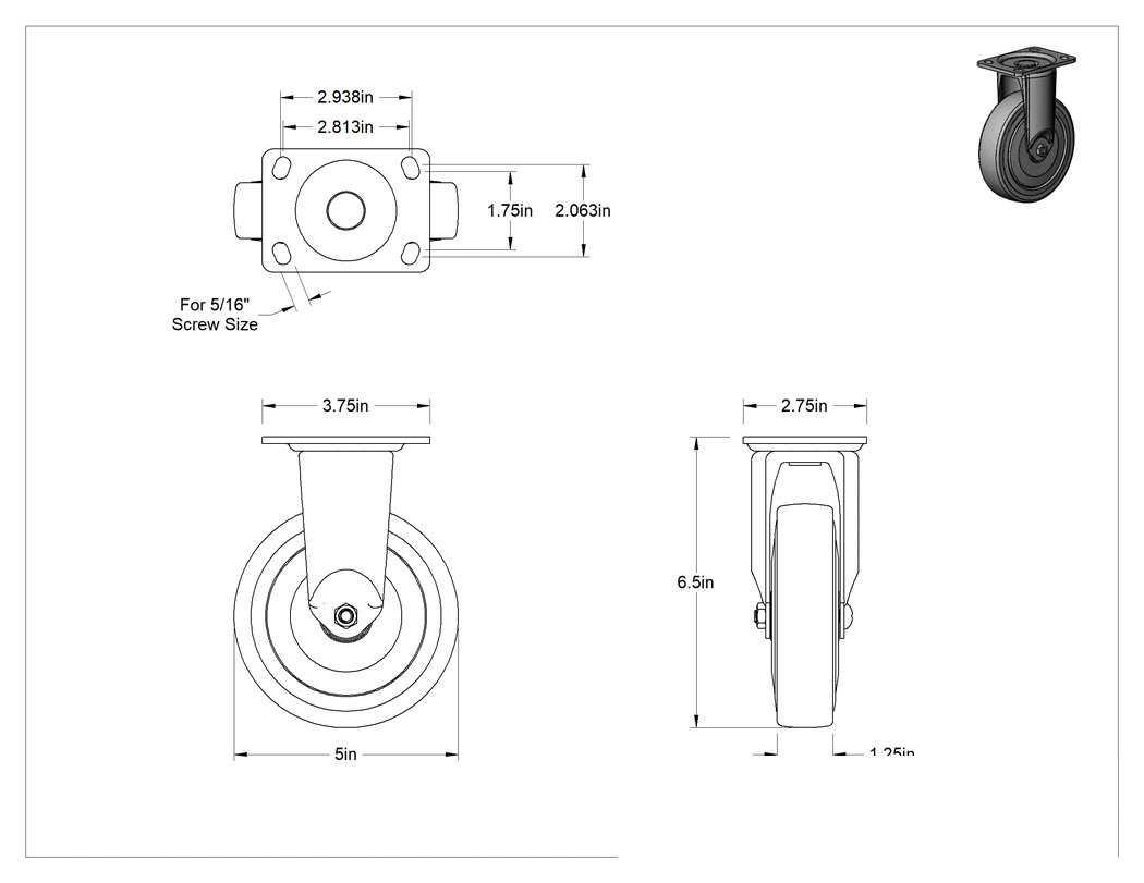 Teknik Çizim - 3-3/4" x 2-3/4" Plakalı Parlak Yüzeyli Tekerlek, 5" Çapında Kauçuk Tekerlekli Sert