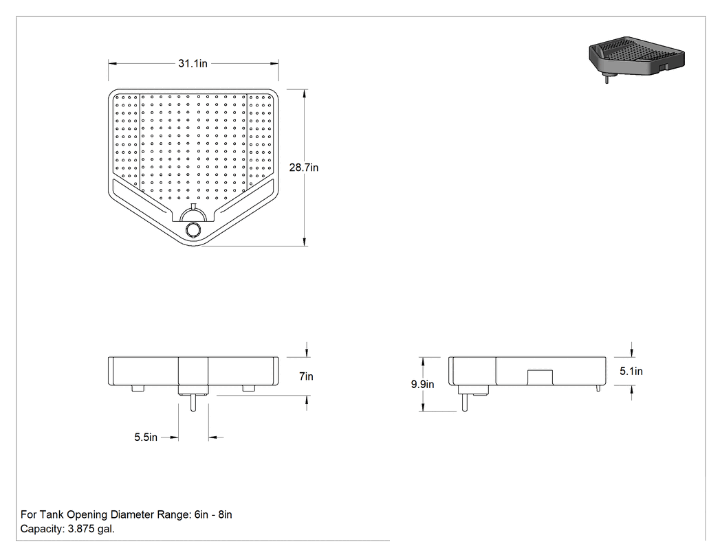 Teknik Çizim - Tank Hunisi, 3-7/8 Galon Kapasite, 31-1/8" Uzunluk x 28-3/4" Genişlik Üst