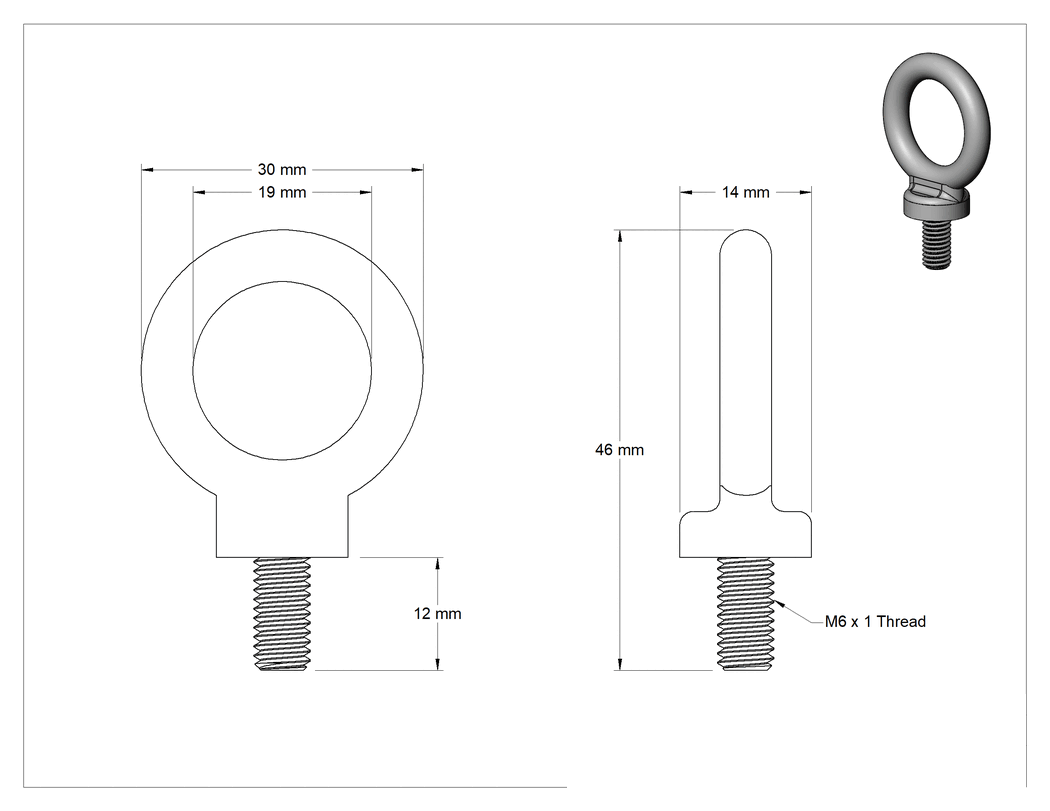 Teknik Çizim - Çelik Halka Cıvata - Kaldırma için, M6 x 1 Diş Boyutu, 12 mm Diş Uzunluğu