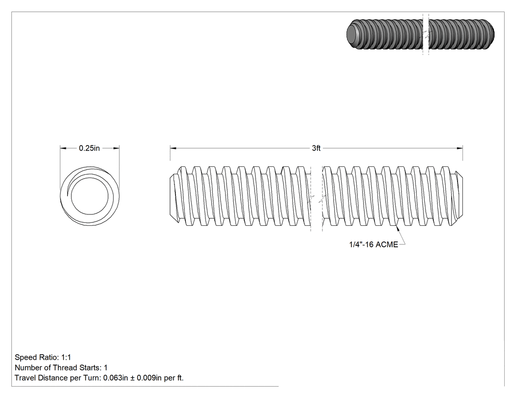 Teknik Çizim - 1018 Karbonlu Çelik Hassas Acme Kılavuz Vida, Sağ Yönlü, 1/4"-16 Diş Boyutu, 3 Fit Uzunluk
