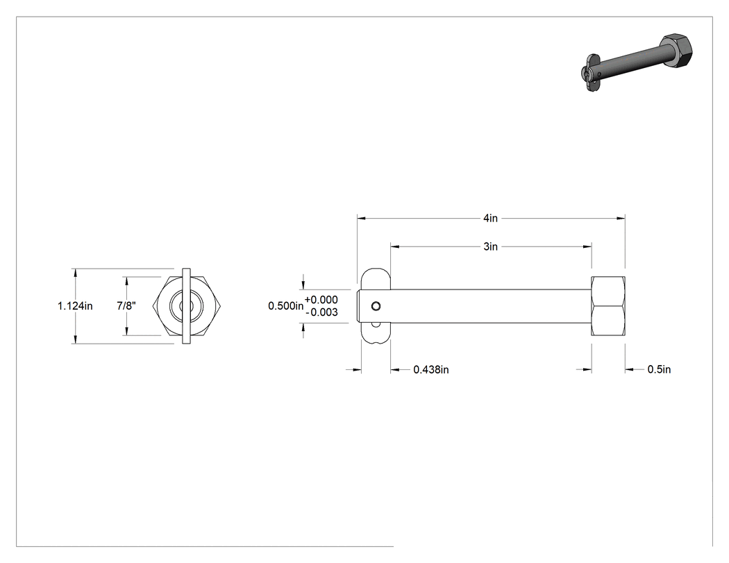 Teknik Çizim - Toggle'lı Çatal Pimi, 1/2" Çap, 3" Kullanılabilir Uzunluk