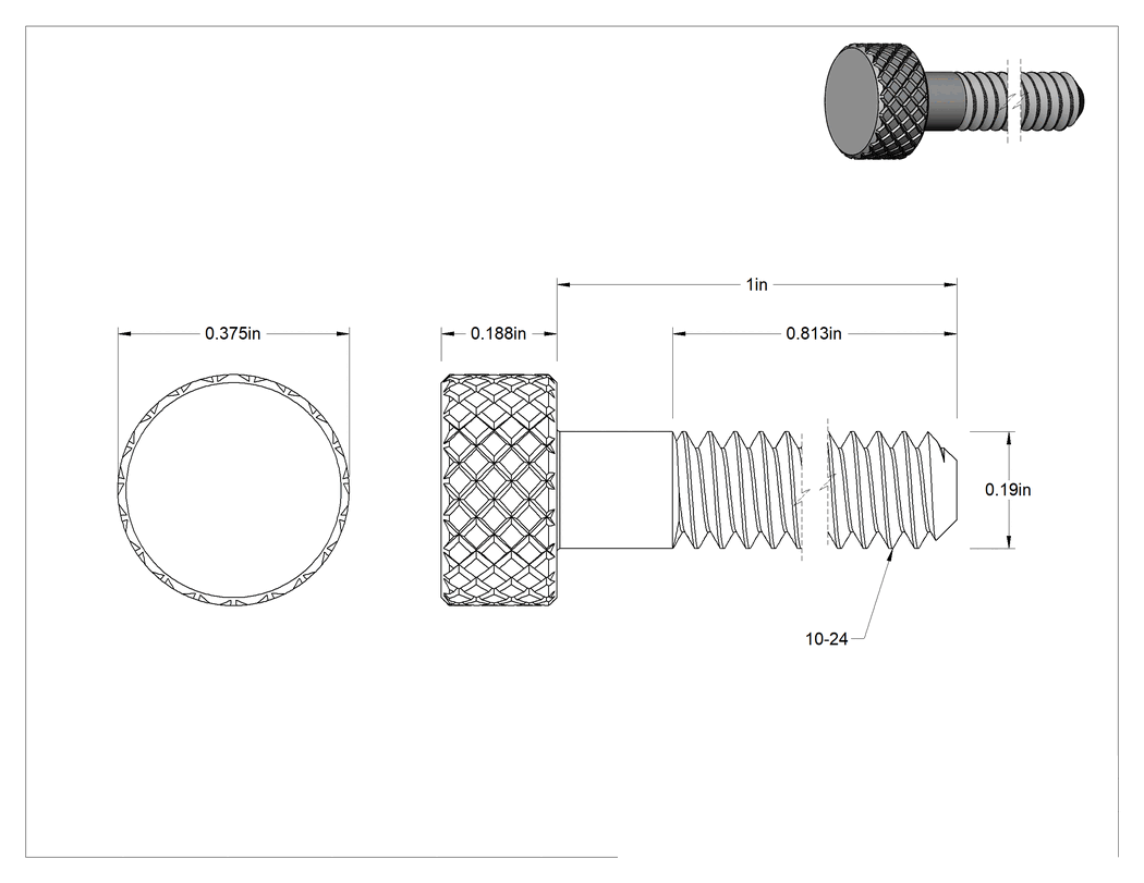 Teknik Çizim - Tırtıllı Başlı El Vidası, Paslanmaz Çelik, Düşük Profilli, Kısmi 10-24 Diş, 1" Uzunluk, 3/8" Çap