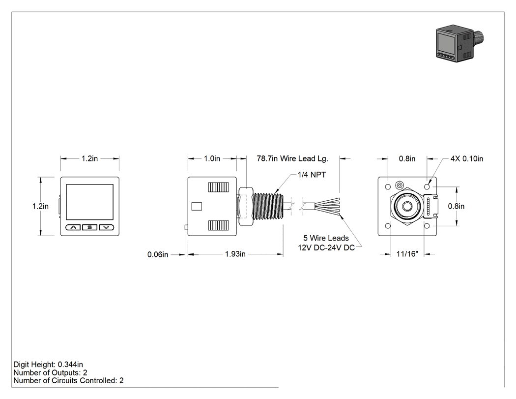 Teknik Çizim - Çift Ayarlı Elektronik Basınç Şalteri, Basınçlı Hava için, 1/4 NPT, 15-150 Ayar Noktası PSI