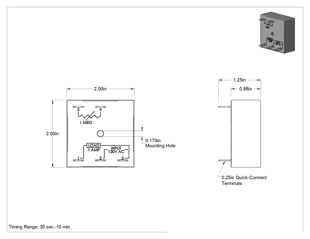 Teknik Çizim - Katı Hal Yüzey Montajlı Zamanlayıcı Röle, Aralık, 120V AC Giriş, 30 Second-10 Dakika