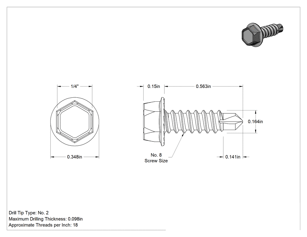 Teknik Çizim - Metal için Sıyırmaya Dayanıklı Delme Vidaları, Düşük Basınç, Çinko Kaplı Çelik, Numara 8 Boyut, 9/16" Uzunluk