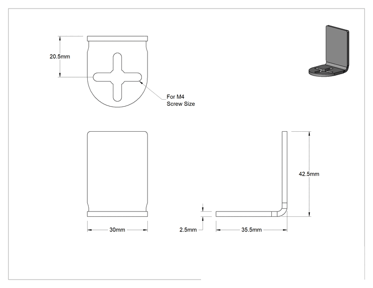 Teknik Çizim - Sensör ve Anahtar Montaj Braketi, Boş Vidalı, 303 Paslanmaz Çelik, 30 mm x 35 mm x 42 mm