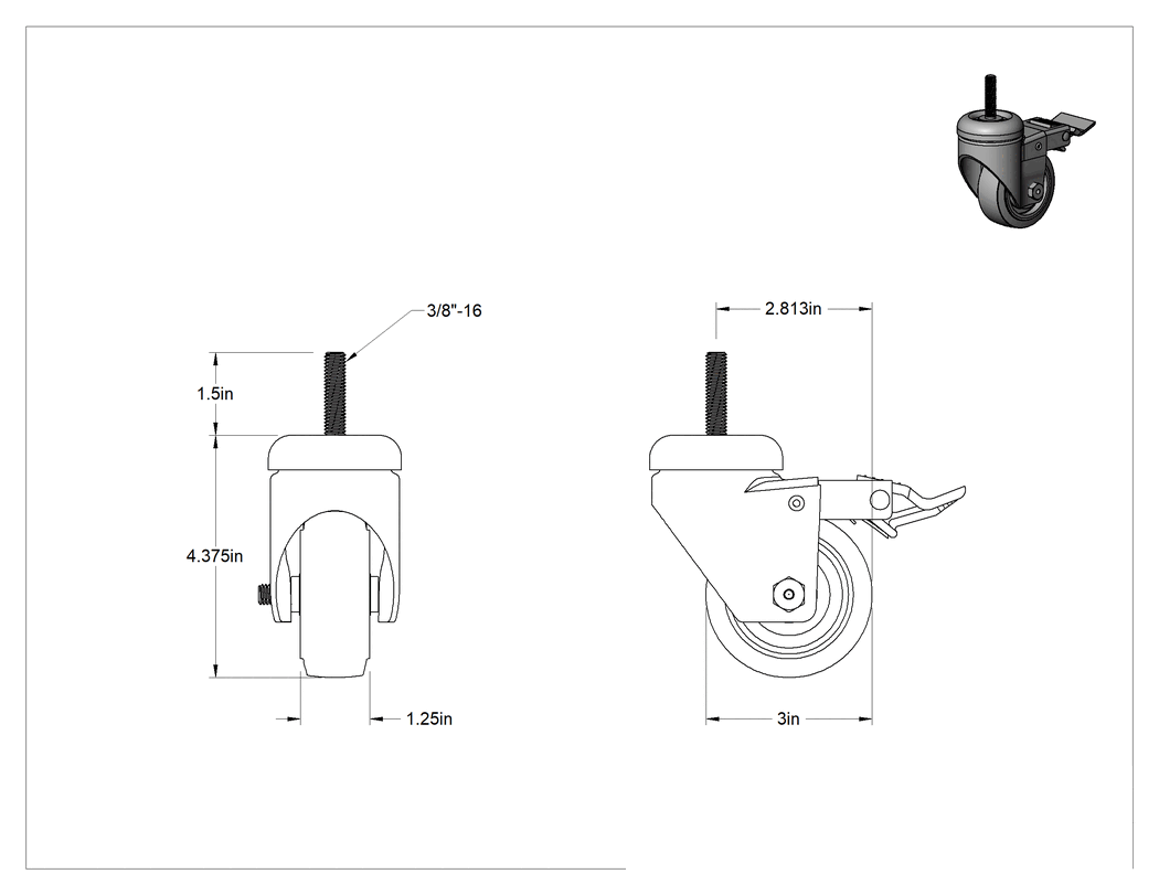 Teknik Çizim - Tam Kilitli Dişli Saplı Tekerlek, 3/8"-16 Diş, 3" Çaplı Lastik Tekerlek, Rulman