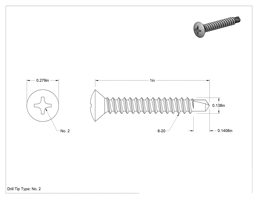 Teknik Çizim - Metal için Oval Başlı Delme Vidaları, Çinko Kaplı Çelik, Numara 6 Boyut, 1" Uzunluk