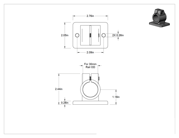Teknik Çizim - Ağır Hizmet Tipi Kelepçeli Çerçeve, 30 mm Dış Çaplı Ray için Delik İçinden Geçen Ofset Destek, Alüminyum