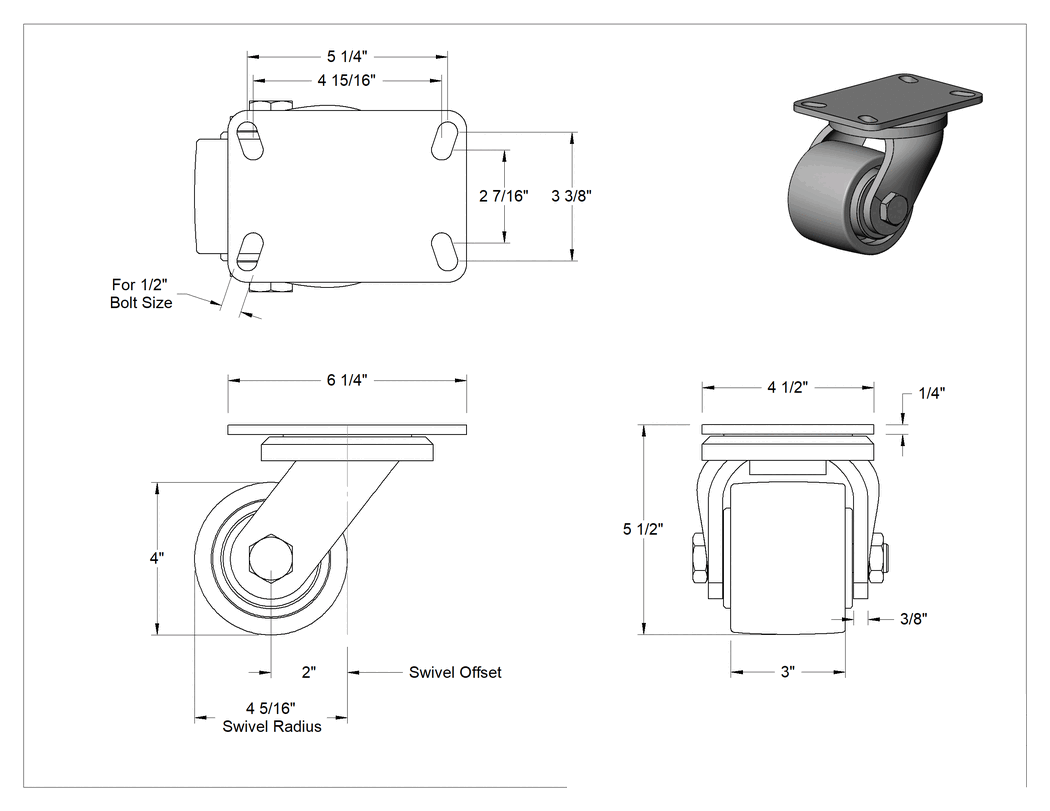 Teknik Çizim - Ekstra Yüksek Kapasiteli Viking Tekerlek, 4" Çaplı Metal Tekerlekli Döner