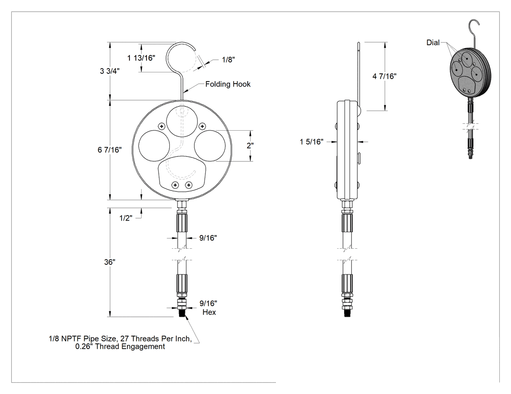 Teknik Çizim - 3'ü 1 Arada Basınç ve Vakummetre, 1/8 NPTF Erkek Bağlantı, 6-7/16" Toplam Çap
