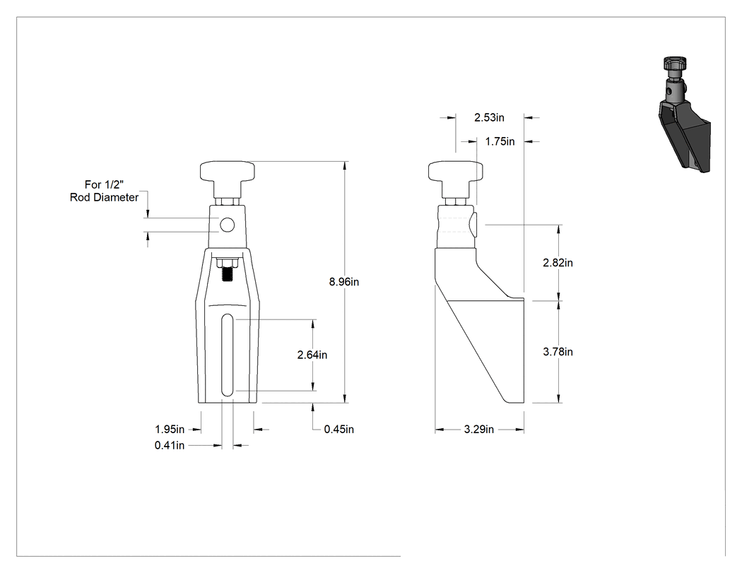 Teknik Çizim - Plastik Döner Braket, 1/2" Yatay Çubuk, 8.96 inç Yükseklik