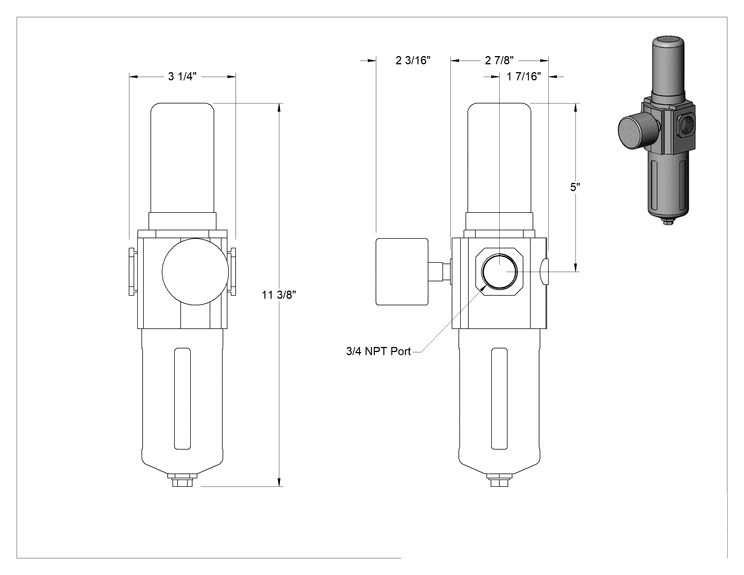 Teknik Çizim - Norgren Modüler Yer Tasarrufu Sağlayan Filtre/Regülatör, Parçacık Giderme için, B74G Serisi, 3/4 NPT Dişi