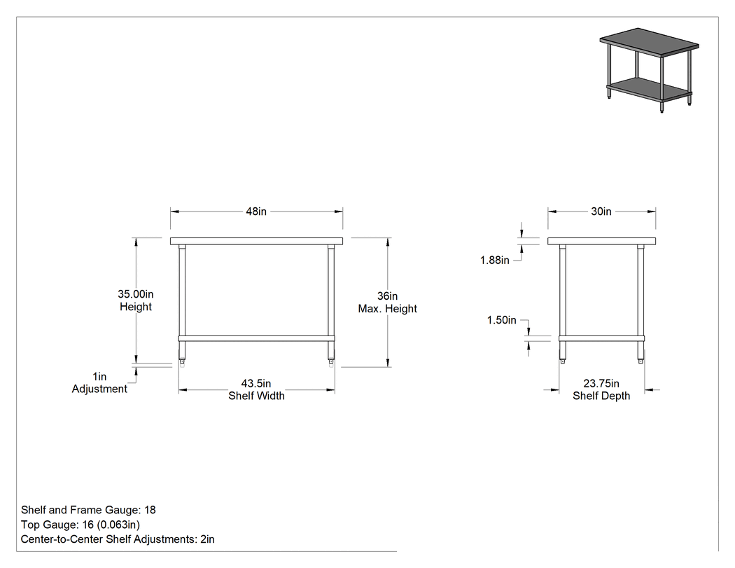 Teknik Çizim - Paslanmaz Çelik Üstlü Masa, Sabit, Raflı, 35 inç Yükseklik x 48 inç Genişlik x 30 inç Derinlik