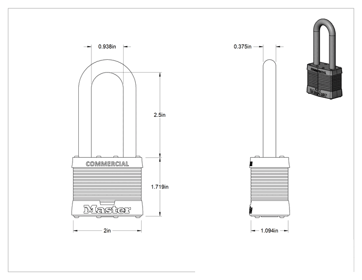 Teknik Çizim - Lamine Çelik Gövdeli Ekstra Boşluklu Asma Kilitler, Ekstra Boşluklu, Master Lock 25, #10N104 ile anahtarlı