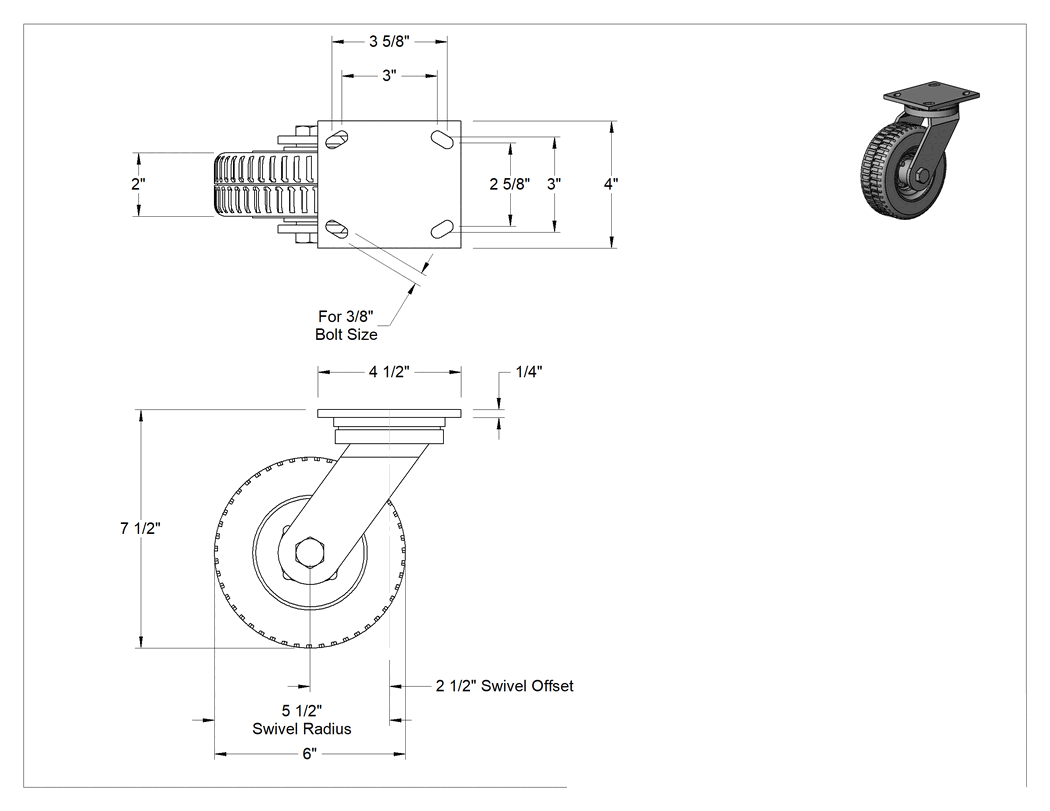 Teknik Çizim - 4-1/2" x 4" Plakalı Tekerlek, 2" Genişliğinde Patlamayan Tekerlekli Döner